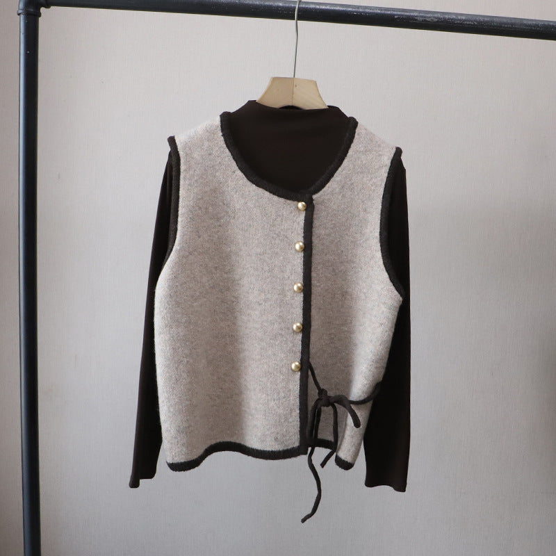 High Neck Inner Wear T-Shirt + Knitted Vest Set for Women