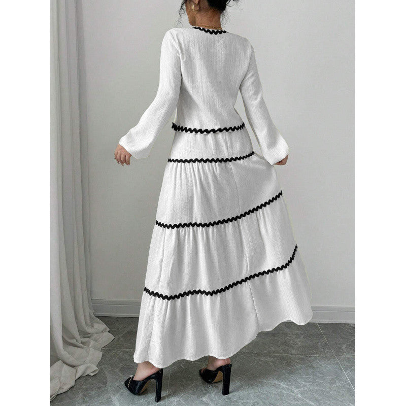 Elegant Vacation Style Long Sleeve Belted Lace A-Line Dress Set