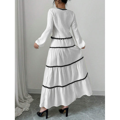 Elegant Vacation Style Long Sleeve Belted Lace A-Line Dress Set