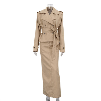 Flip collar long sleeved windbreaker jacket two-piece set