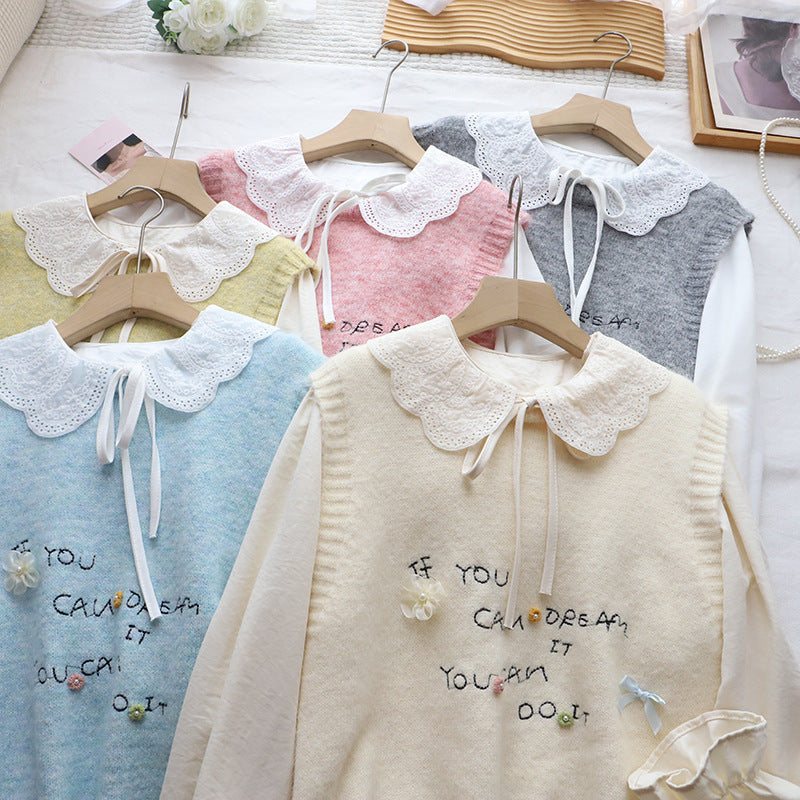 [Two-Piece Set Shirt + Sweet Youthful Letter Knit Vest for Women