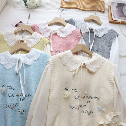 [Two-Piece Set Shirt + Sweet Youthful Letter Knit Vest for Women