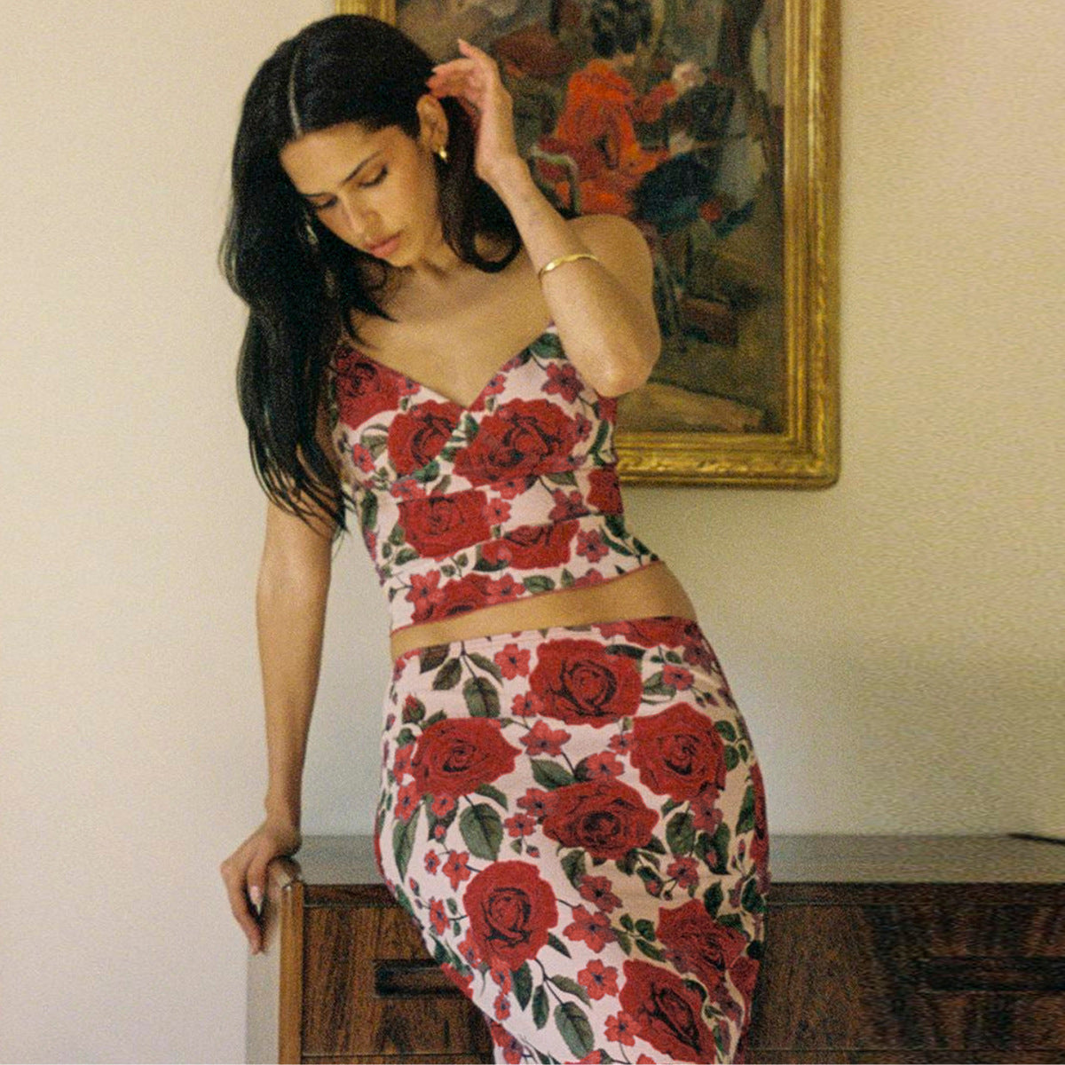 Print V-neck Mini Strapless Bodycon Long Dress Set for Women