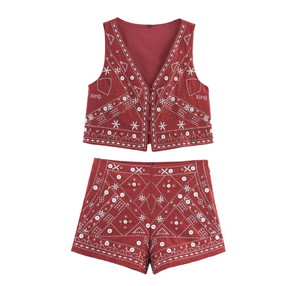 Women's Clothing Mirror Effect Decorative Embroidery Vest + Shorts Set