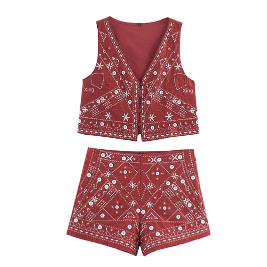 Women's Clothing Mirror Effect Decorative Embroidery Vest + Shorts Set