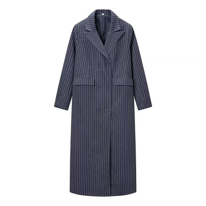 Striped woolen long coat jacket