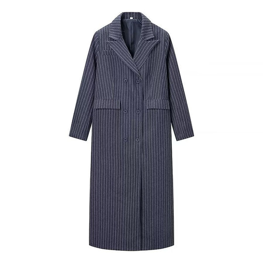 Striped woolen long coat jacket