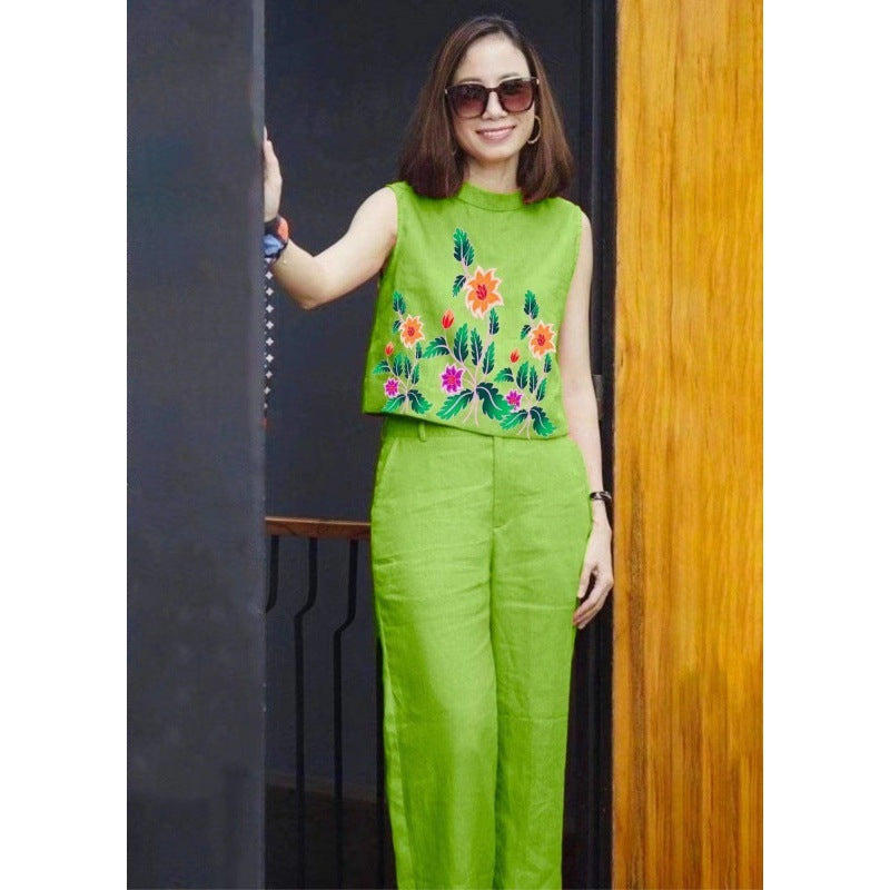 Comfortable Casual Summer Sleeveless Printed Round Neck Top Set for Women