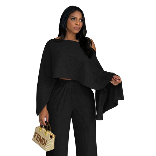 Casual Solid Color Top and Long Pants Two-Piece Set for Women