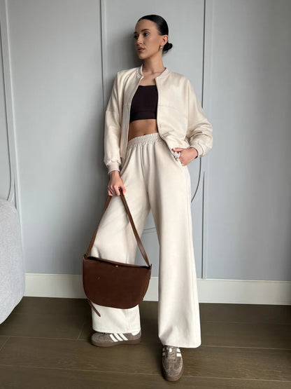 Solid color zipper hoodie elastic straight leg pants set