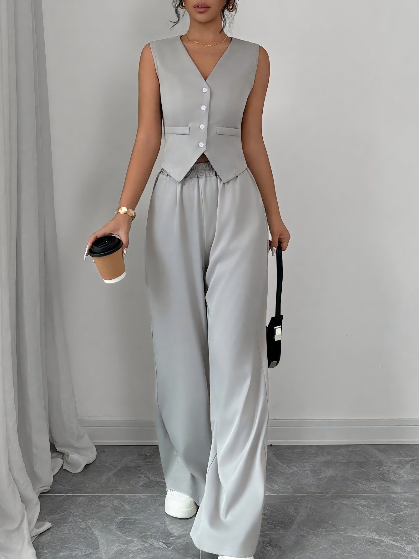 Buttonless sleeveless vest pants set