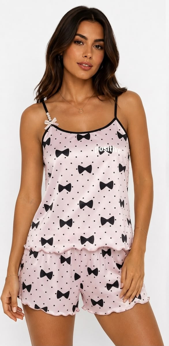 FITOLINI Sleepwear Set – Pink Bow Print Satin Pajama Set