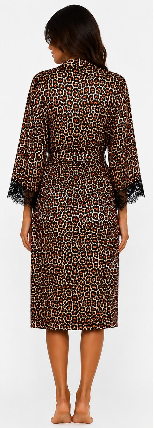 Leopard print robe worn by a model on a white background