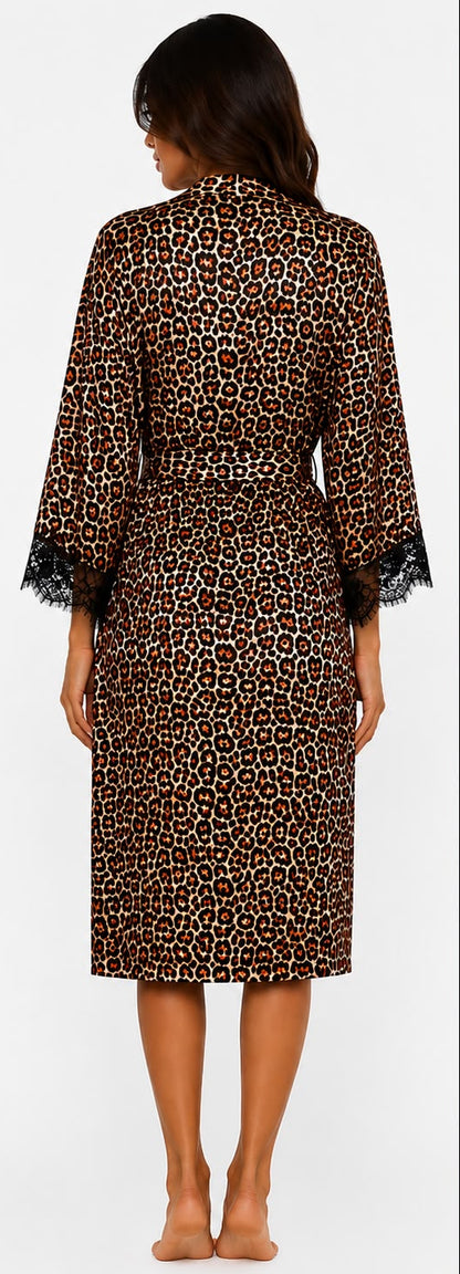 Leopard print robe worn by a model on a white background
