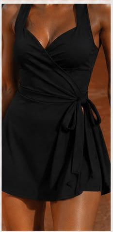 FITOLINI wrap front romper advertisement with model playing tennis and product details.