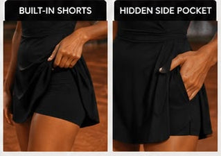 FITOLINI wrap front romper advertisement with model playing tennis and product details.