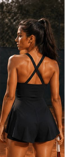 FITOLINI wrap front romper advertisement with model playing tennis and product details.