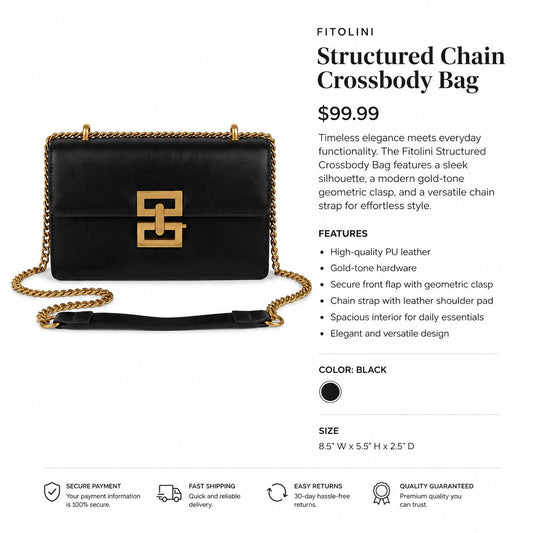 Black Fitolinii Structured Chain Crossbody Bag with gold hardware and chain strap, shown on a white background with product details and pricing text.