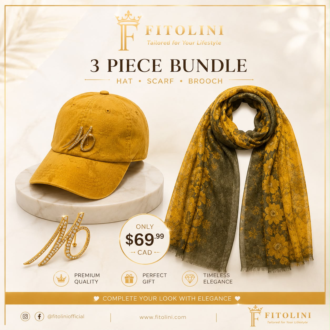 A promotional graphic for a Fitolini 3-piece bundle featuring a mustard yellow baseball cap with a monogram, a matching yellow and olive floral scarf, and gold rhinestone earrings, displayed on a clean cream background with the Fitolini branding.