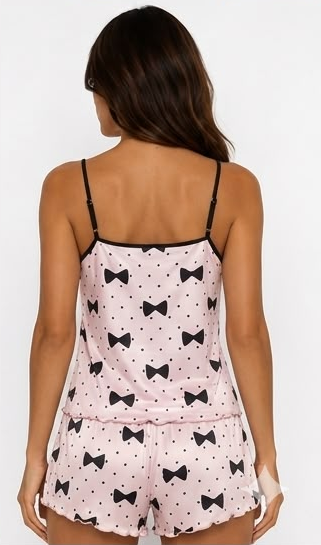 FITOLINI Sleepwear Set – Pink Bow Print Satin Pajama Set