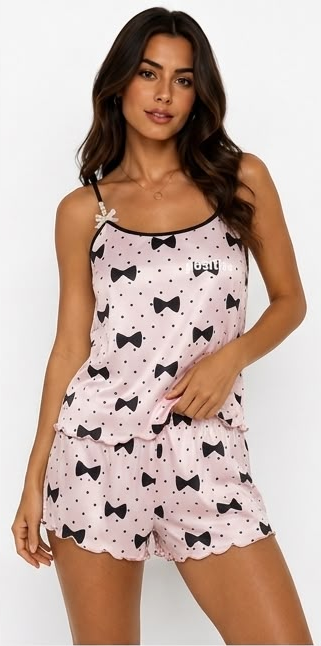 FITOLINI Sleepwear Set – Pink Bow Print Satin Pajama Set