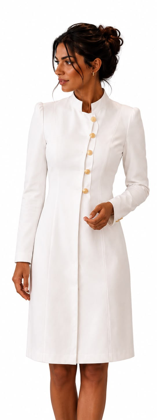 White dress with gold buttons worn by a model on a white background