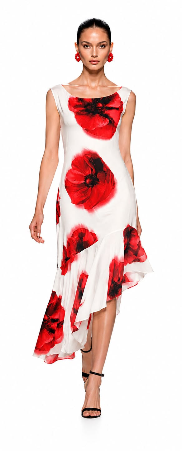 Woman wearing a white dress with red floral patterns, shown from front and back views.
