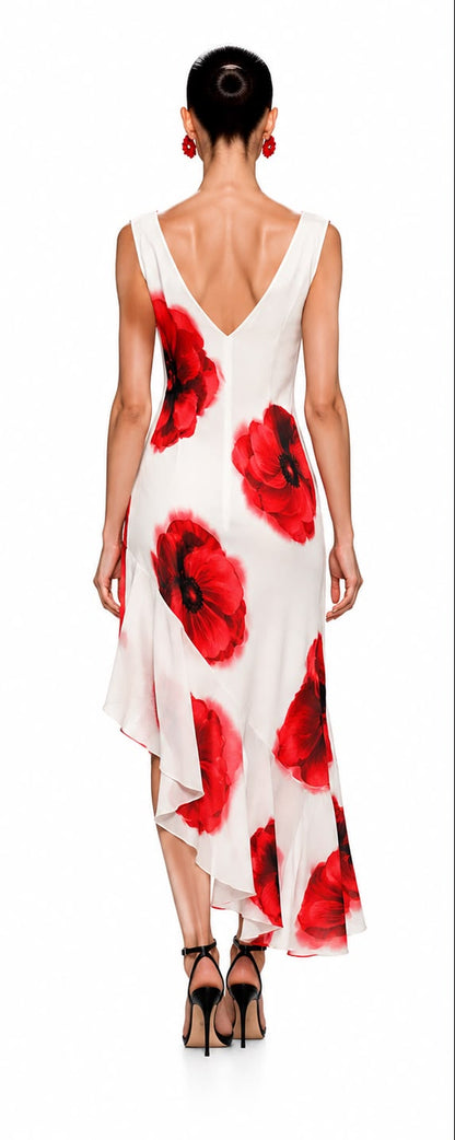 Woman wearing a white dress with red floral patterns, shown from front and back views.
