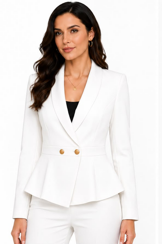 White blazer with gold buttons worn by a model, shown from front, side, and back views.