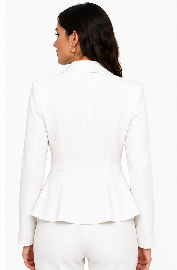 White blazer with gold buttons worn by a model, shown from front, side, and back views.