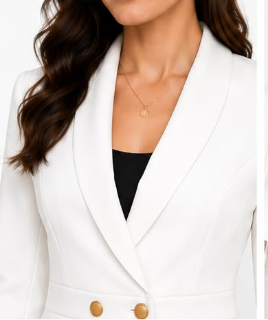 White blazer with gold buttons worn by a model, shown from front, side, and back views.