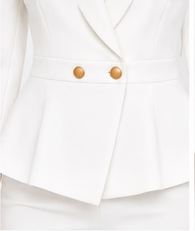 White blazer with gold buttons worn by a model, shown from front, side, and back views.