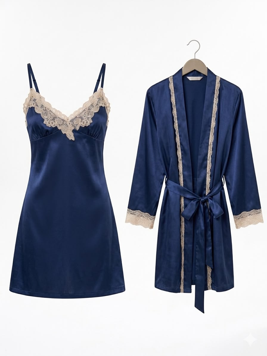 Navy satin nightgown with lace trim and matching robe on a white background
