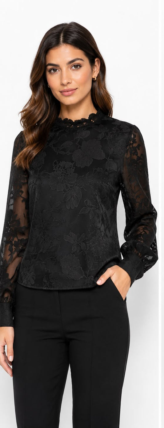 A woman modeling a black long-sleeve blouse with sheer floral lace sleeves and a high ruffled neckline, shown from both the front and back views against a plain white background.