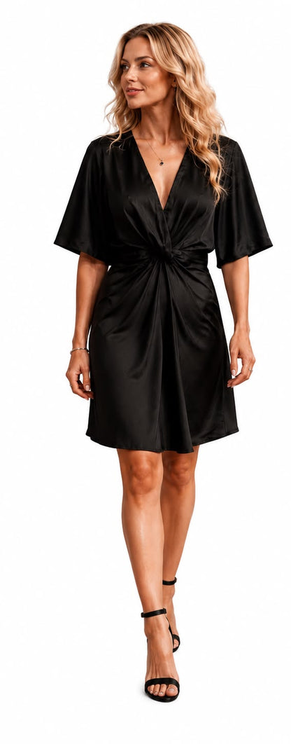 Black dress shown from front and back on a white background