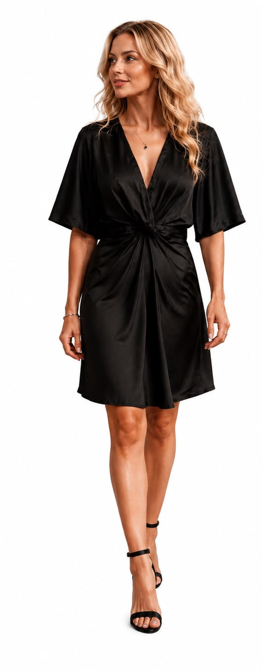 Black dress shown from front and back on a white background
