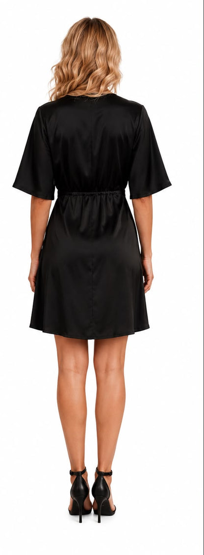 Black dress shown from front and back on a white background