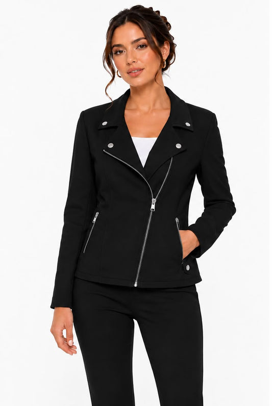 A woman modeling a black moto-style jacket with silver-tone hardware, shown in front and back views against a plain light background.