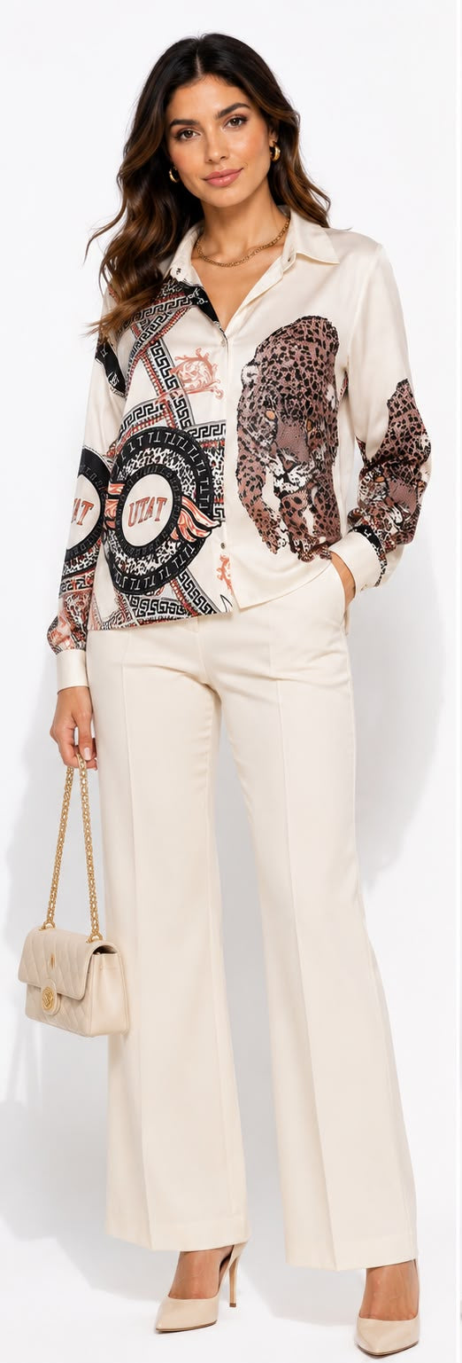 A woman modeling a two-piece cream satin pajama set with a leopard print and circular graphic pattern on the sleeves and chest, shown in front and back views against a white studio background.