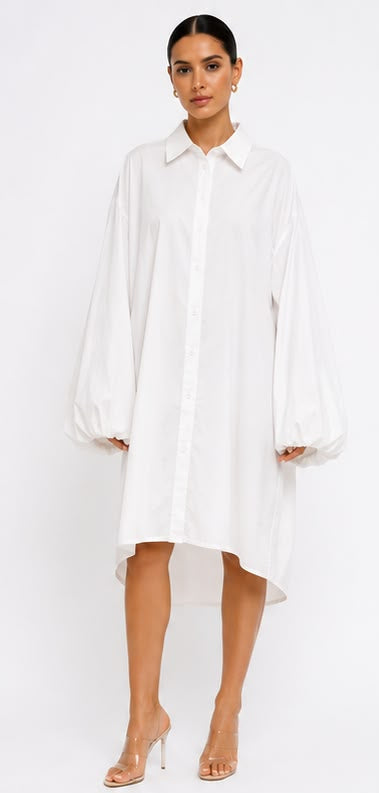 White shirt dress shown from front, back, and side views with close-up of fabric texture.