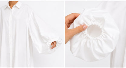 White shirt dress shown from front, back, and side views with close-up of fabric texture.