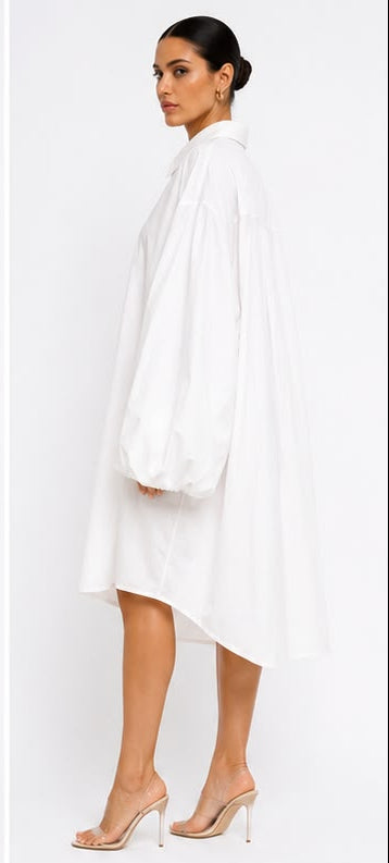 White shirt dress shown from front, back, and side views with close-up of fabric texture.