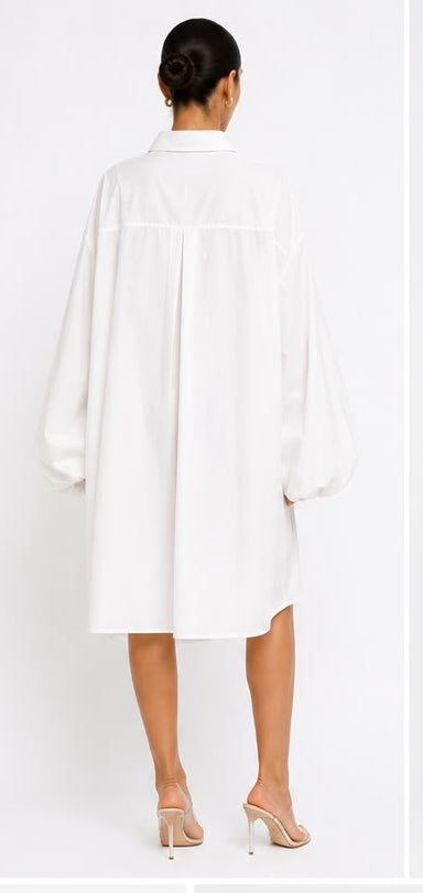 White shirt dress shown from front, back, and side views with close-up of fabric texture.