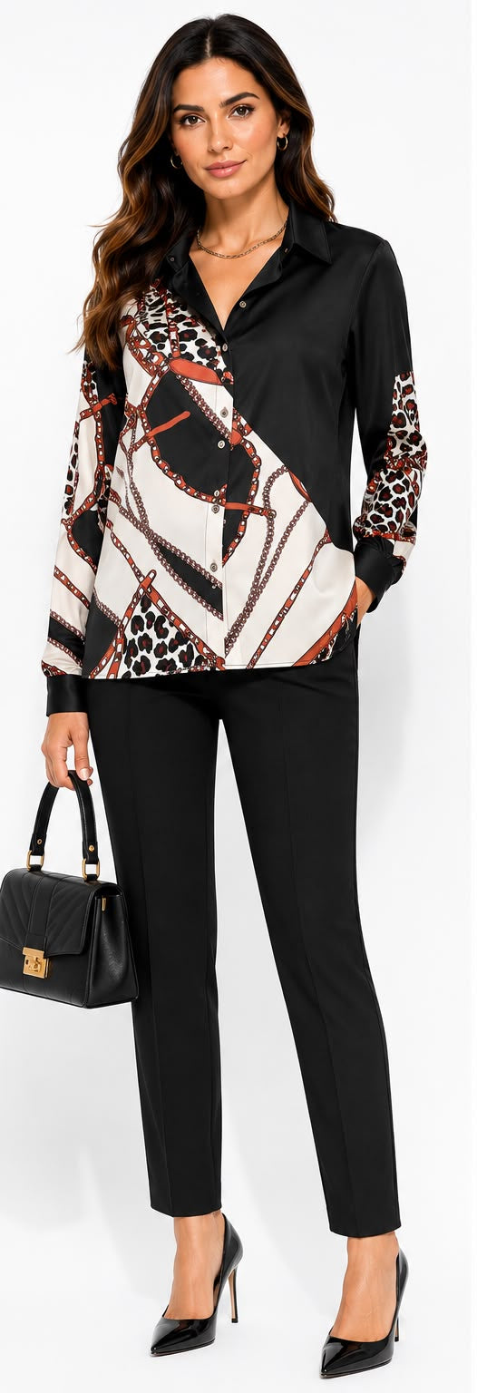 A woman modeling a black long-sleeve collared blouse with abstract and animal-print patterned sleeves and hem, paired with black pants and heels, shown in front and back views against a light gray studio background.