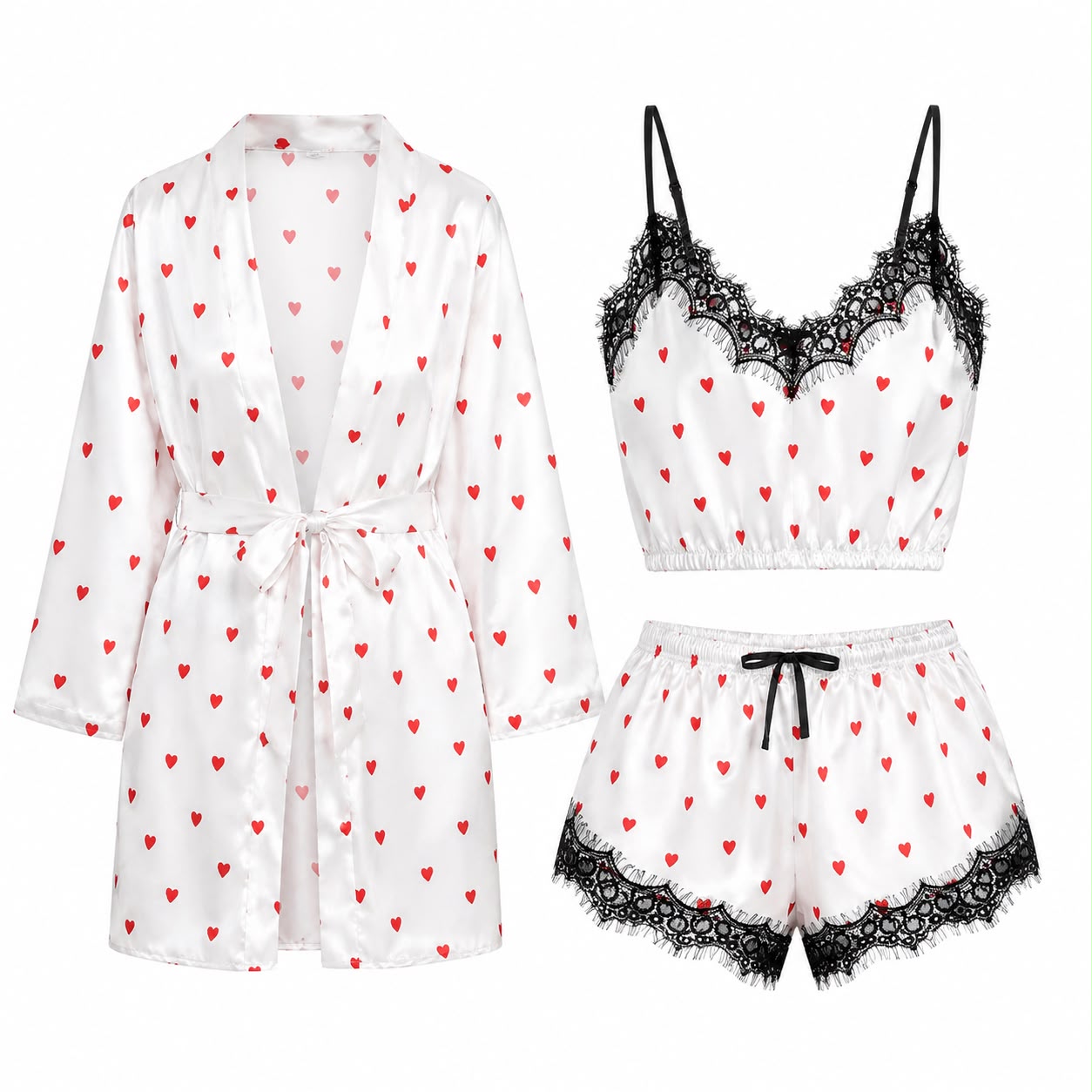 Heart Print 3-Piece Satin Lounge Set