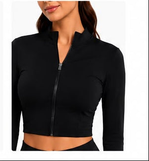 Ziba Couture black zip-up long sleeve top with product details and images on a website page.
