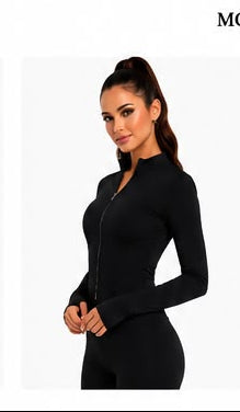 Ziba Couture black zip-up long sleeve top with product details and images on a website page.