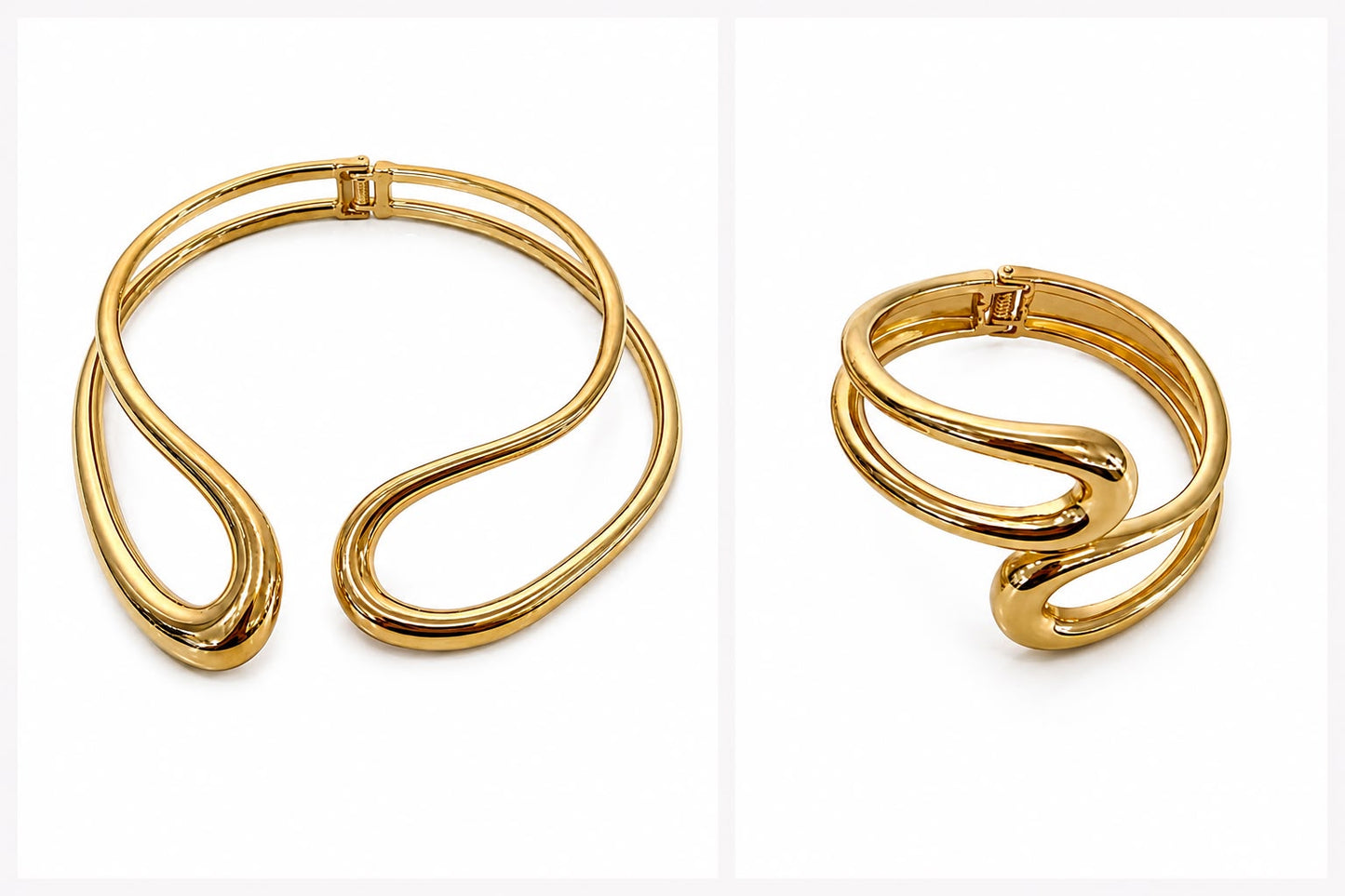 Two gold bracelets on a white background