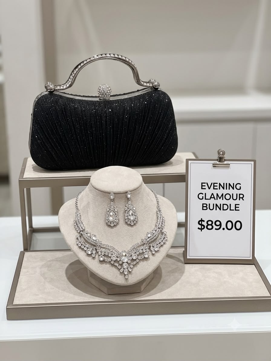 FITOLINI Evening Glamour Bundle – Sophisticated Crystal Jewelry Set & Elegant Shimmer Clutch