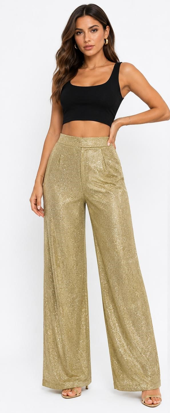 FITOLINI Gold Metallic Wide-Leg Pants